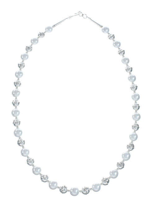 Native American Sterling Silver Bead Freshwater White Pearl Necklace X10837
